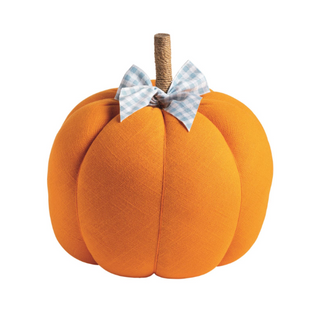 Decorative orange cotton pumpkin with a jute-wrapped stem and blue gingham grosgrain ribbon bow.