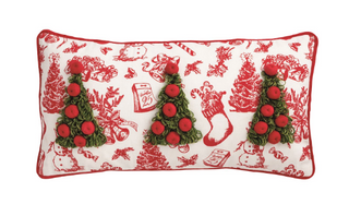 Red and white toile Christmas pillow with looped yarn trees and button accents

Tree Embellished Pillow with piped edges and festive tartan backing

Decorative holiday throw pillow featuring 3D yarn trees and Christmas illustrations


