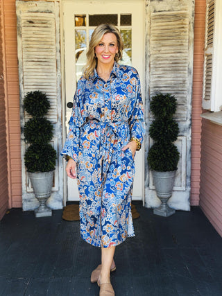 Vaughn Floral Dress in Blue with Colorful Floral Print and Tie Waist