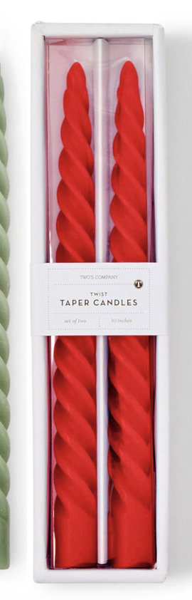 Set of red, green, and sage twist taper candles in gift box

Holiday twist taper candles set of 2 in assorted colors

Elegant spiral taper candles for Christmas décor and gifting

Twist design taper candles in red, green, and sage – boxed set