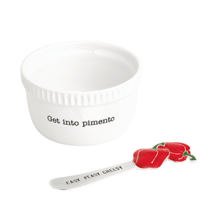 Ceramic Pimento Cheese Tidbit Set with debossed "Get into pimento" dish and silverplate spreader featuring an enamel red pepper handle.