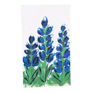 White tea towel with bold hand-painted Texas bluebonnet flower design

