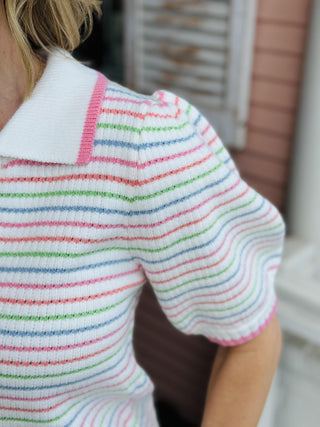 Emma Ivory striped sweater top with puff sleeves and ribbed trim