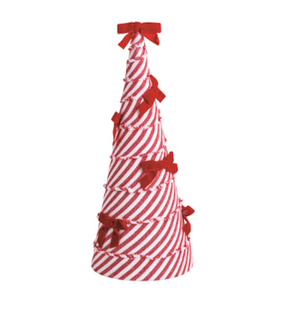 Set of three decorative Christmas tree sitters with striped bows

Velvet and cotton tabletop Christmas trees with red and white bows

Bow tree holiday decor in green, white, and striped cone designs
