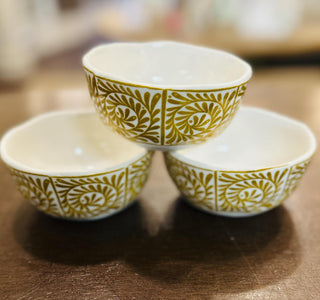 4 inch blue and yellow ceramic prep bowls with floral folk art design