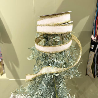 John Mark Sharp white velvet ribbon with metallic gold tinsel edge, double fused construction, and luxurious decorative finish.