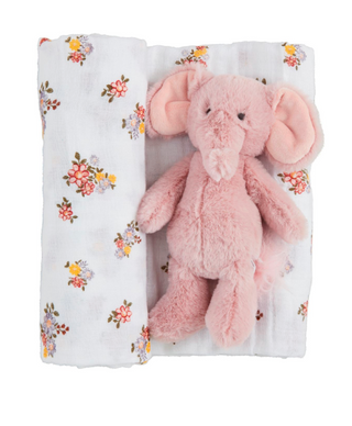 Floral muslin swaddle blanket with plush pink elephant rattle
