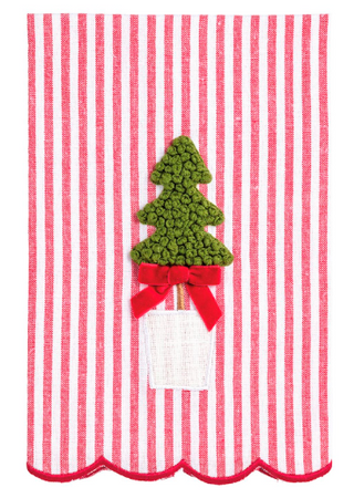 Red and white striped woven hand towel featuring a French knot embroidered Christmas tree topiary with a red velvet bow and embroidered scalloped hem.