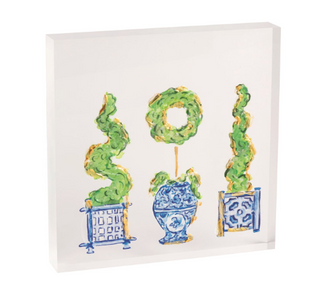 Topiary acrylic plaque with blue and white planter design