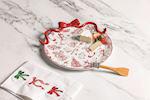 Red and white Christmas bow cookie plate with spatula

Toile print holiday cookie plate with red dimensional bow

Stoneware Christmas cookie plate with wooden tree spatula

Festive cookie serving set with red bow and holiday spatula