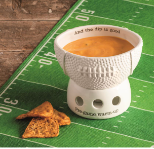 White ceramic football-shaped tidbit warmer set with tea light holder

Game day ceramic dip bowl warmer with football texture and candle base

Football-shaped serving dish with warming base for tailgating and parties