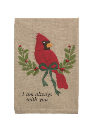 Linen hand towel with embroidered red cardinal and greenery

Embroidered cotton towel with red cardinal and quote

Holiday hand towel featuring cardinal and pine design