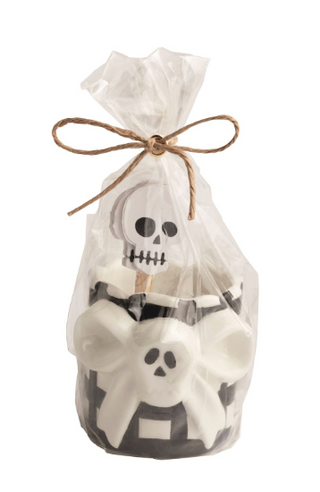 Halloween Toothpick Caddy Set featuring hand-painted ceramic holders with ghost, pumpkin, skeleton, and candy corn designs, including six decorative wooden toothpicks with cardstock toppers.