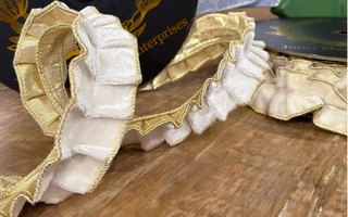 White Velvet Pleated Ribbon with Gold Metallic Dupion Trim