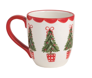 Hand-painted ceramic Christmas mugs available in three festive designs featuring a Christmas tree, Santa Claus, and a wrapped gift with a red bow.