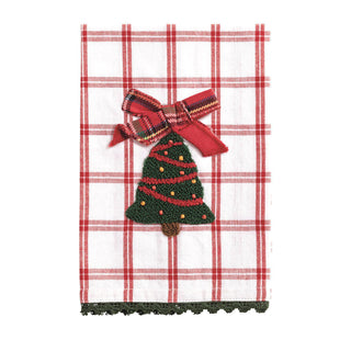 Red and white check hand towel with bouclé Christmas tree appliqué and plaid bow

Holiday kitchen towel featuring green Christmas tree with red garland embroidery

Festive cotton towel with bouclé tree, plaid ribbon, and crochet trim

Christmas plaid hand towel with embroidered tree design and green crochet edging

