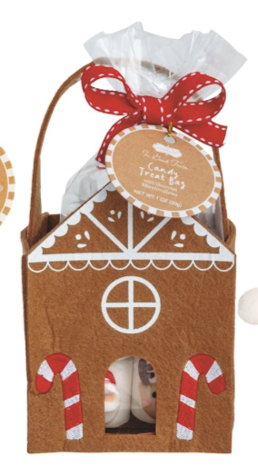 "Gingerbread house treat bag with gourmet holiday marshmallows"

"Christmas marshmallow gift set in gingerbread felt bag"

"Holiday marshmallow candy bag with gingerbread house design"

"Gourmet marshmallow treats in festive gingerbread-themed packaging"


