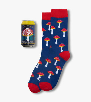 Men’s beer can socks gift set with fun novelty sock designs including bears, fishing, camping, ducks and mushrooms.