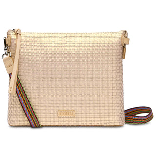 Consuela Pearl Downtown Crossbody with pearlescent champagne textured exterior

Consuela Pearl Downtown Crossbody featuring zip closure and woven strap

Interior view of Consuela Pearl Downtown Crossbody with card slots and pocket

Consuela Pearl crossbody bag with adjustable strap and leather trim