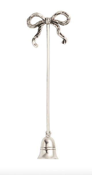 Silver Bow Metal Snuffer with decorative bow handle and long metal stem for safely extinguishing candles.
