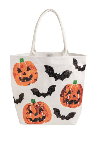 Halloween Sparkle Totes featuring sequin appliqué designs including BOO!, spider webs, and jack-o'-lanterns with cotton webbing handles.