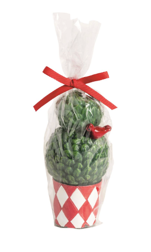 Christmas Topiary Candles featuring hand-painted wax Christmas tree designs in festive decorative pots.