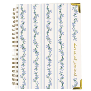Journal Devotional Petal Thread with blue floral stripe design, gold corner protectors, and spiral binding