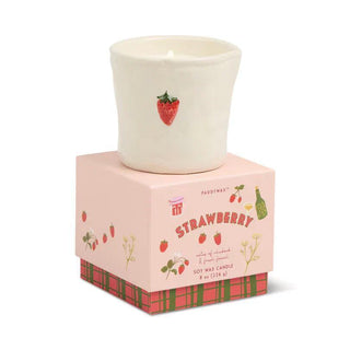 “Strawberry bistro candle in ceramic vessel with strawberry detail”