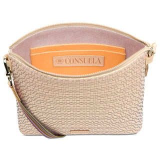 Consuela Pearl Downtown Crossbody with pearlescent champagne textured exterior

Consuela Pearl Downtown Crossbody featuring zip closure and woven strap

Interior view of Consuela Pearl Downtown Crossbody with card slots and pocket

Consuela Pearl crossbody bag with adjustable strap and leather trim