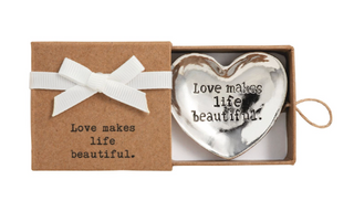 Love makes life beautiful heart shaped metal trinket dish
