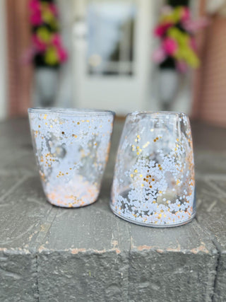 Clear acrylic wine tumbler with floating burnt orange and white glitter