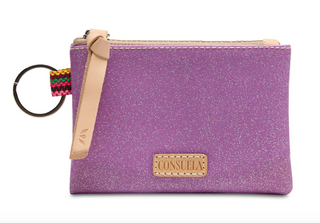 Consuela Twy Pouch in purple glitter with leather zipper pull and keyring

Purple glitter Consuela Twy Pouch with attached keyring and zip closure

Interior view of Consuela Twy Pouch showing credit card slot and zip top

Compact purple glitter keyring pouch by Consuela with leather trim