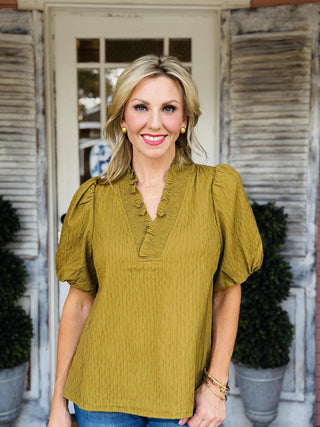 Olive green Jenna Top with puff sleeves and ruffle V-neck detail