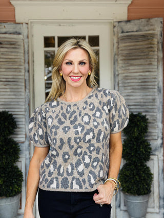 Leopard Print Top with puff short sleeves and round neckline