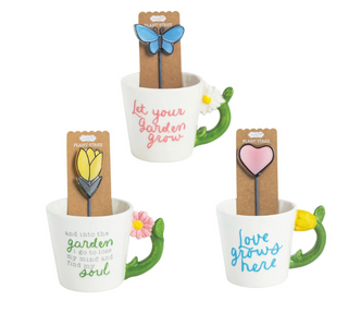 Garden mug with plant stake and hand-painted floral handle