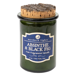 Absinthe & Black Fig scented candle in green glass jar with cork lid