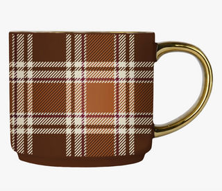 Brown plaid fine bone china coffee mug with a classic fall-inspired plaid pattern and elegant gold handle.