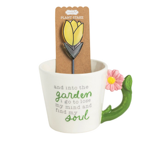 Garden mug with plant stake and hand-painted floral handle