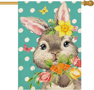 Easter bunny house flag with polka dot background and tulips