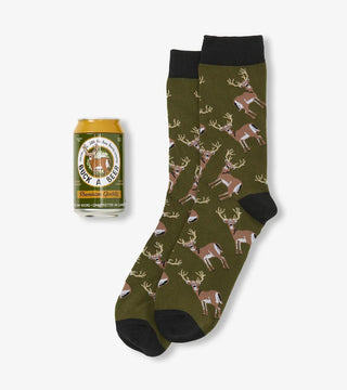 Men’s beer can socks gift set with fun novelty sock designs including bears, fishing, camping, ducks and mushrooms.