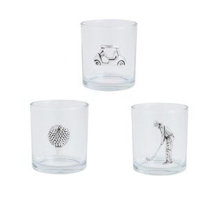 DOF whiskey glass with exterior golfer metal emblem