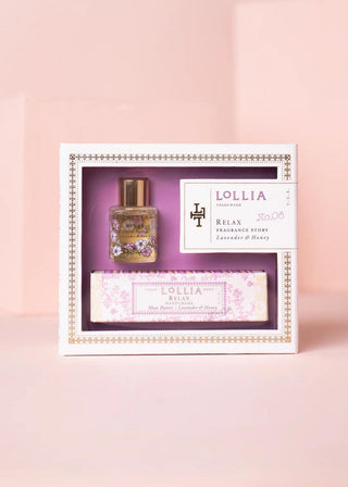 Lollia Relax lavender honey perfumed shower gel with floral pink packaging