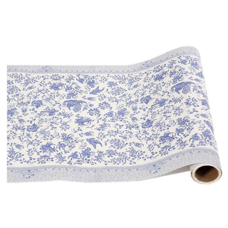 Blue Regal Peacock table runner roll with blue and white floral peacock pattern, 20 inch x 25 foot disposable table runner