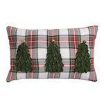 Tartan lumbar pillow with velvet Christmas tree appliqués

Plaid holiday pillow with velvet loop trees and zipper closure

Red and green plaid lumbar pillow with festive tree design

Decorative lumbar pillow with velvet backing and Christmas trees