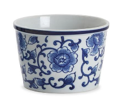 Hand-painted blue and white Chinoiserie porcelain deli holder with floral and scenic patterns.