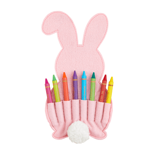 Easter bunny felt crayon holder with crayons

Bunny shaped crayon holder for kids Easter

Felt bunny crayon organizer in blue and pink

Kids Easter bunny crayon holder with pom tail

Bunny crayon holder gift for children