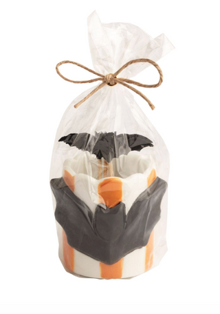 Halloween Toothpick Caddy Set featuring hand-painted ceramic holders with ghost, pumpkin, skeleton, and candy corn designs, including six decorative wooden toothpicks with cardstock toppers.