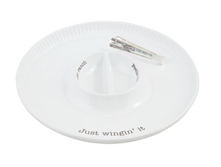 Ceramic hot wings platter with center dip cup and silver tongs