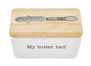 Butter Dish Set with a debossed ceramic butter dish, wooden lid with spreader slot, and included silverplate butter spreader.