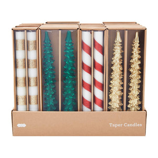 Set of two Christmas tree and candy cane stripe taper candles

Festive holiday taper candles in figural tree and striped designs

Decorative red, white, green, and gold taper candles for Christmas décor
